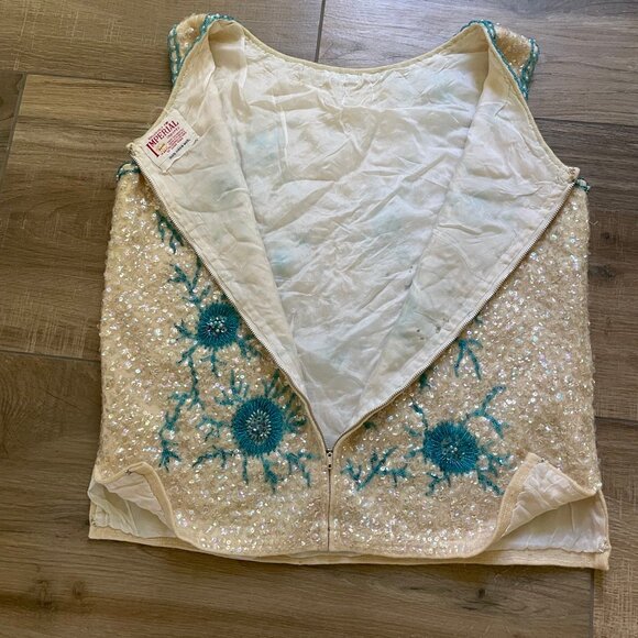 Vintage Beaded Sequin Top Womens Large Cream Blue Ocean Cell 60s Mad Men Mermaid - Picture 12 of 15
